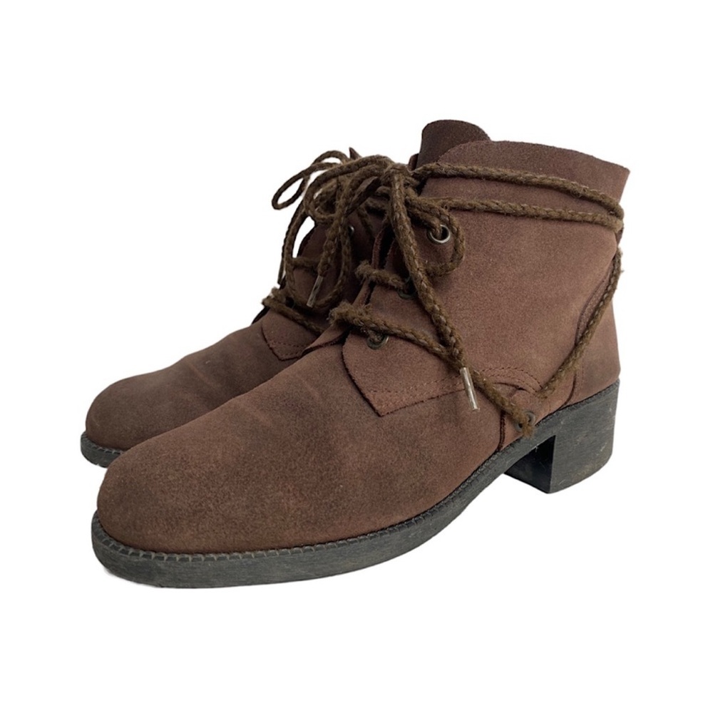 Vintage90s Suede Leather Bootie Wraparound Laces Square Toe Chunky Heel Brown 8